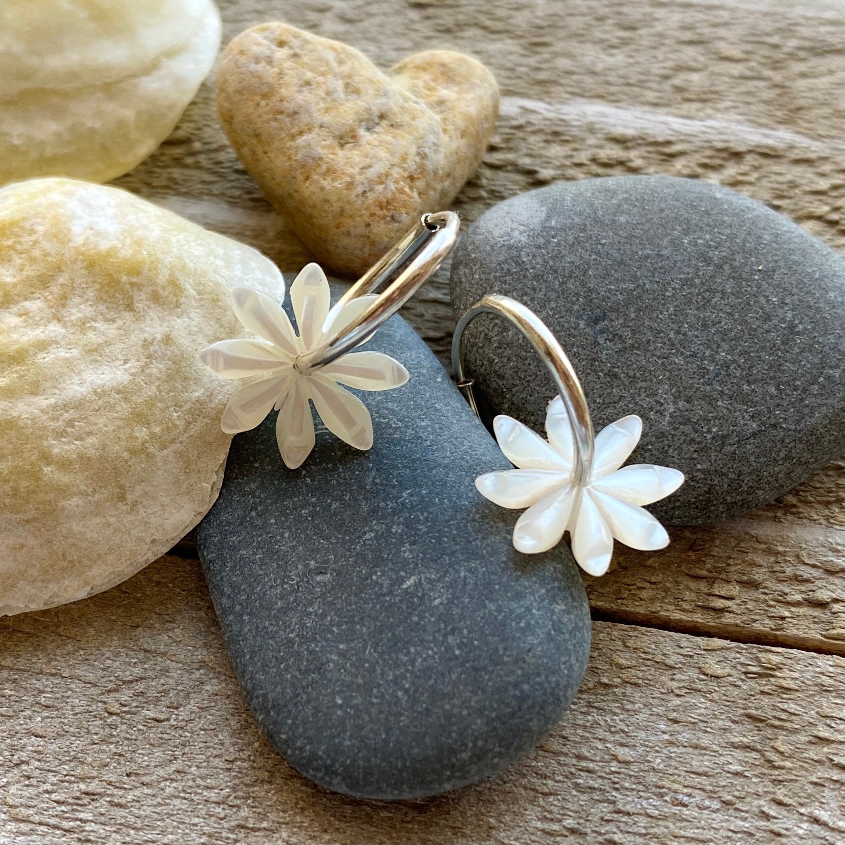 Tiny, Mother of Pearl Daisy, Sterling Silver Hoop earrings; Daisy Earrings