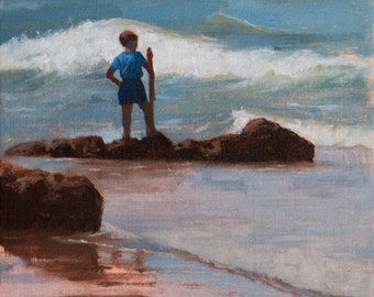 Original Oil painting of a boy, holding a stick while captaining his boat of rocks on a summer's day at Mangawhai Heads, New Zealand