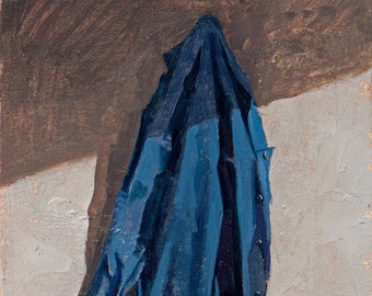 Original oil painting of a blue jacket hanging on a wall, painted texturally with warm browns and deep blues; study for a larger painting