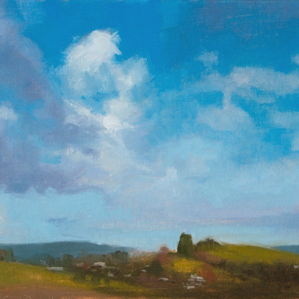 Origineel olieverfschilderij van een mooi, zonnig herfstdaglandschap met gezwollen witte wolken in Warkworth, Nieuw-Zeeland.