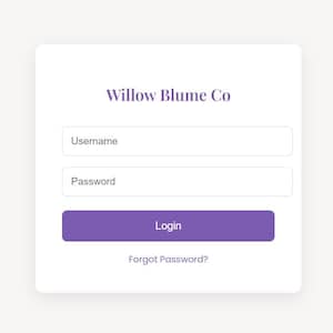 Puede incluir: Una pantalla de inicio de sesión blanca con el texto "Willow Blume Co" en morado. Incluye campos para "Nombre de usuario" y "Contraseña", con un botón "Iniciar sesión" morado. El texto "¿Olvidaste tu contraseña?" está debajo.