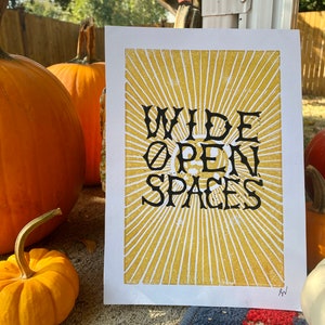 Wide Open Spaces Linocut Block Print Gold Moon