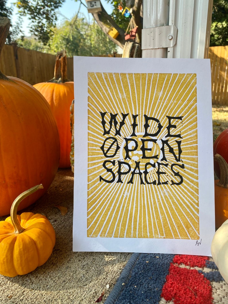 Wide Open Spaces Linocut Block Print Gold Moon