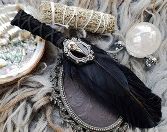 Raven Smudge Fan | Handmade Witchcraft Altar Tools | Black Crow Sage Smudging Fan