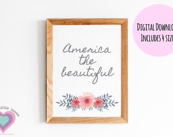 America the Beautiful Printable, Red White Blue, Watercolor Flowers, Patriotic Decor, Independence Day, Patriotic Printable, Memorial Day