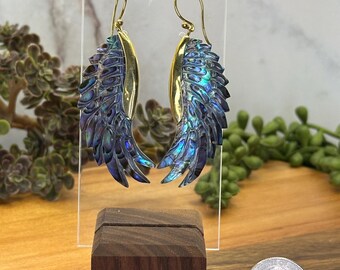 Carved Angel Feather Wing Abalone Earrings - Abalone and Brass - AB8
