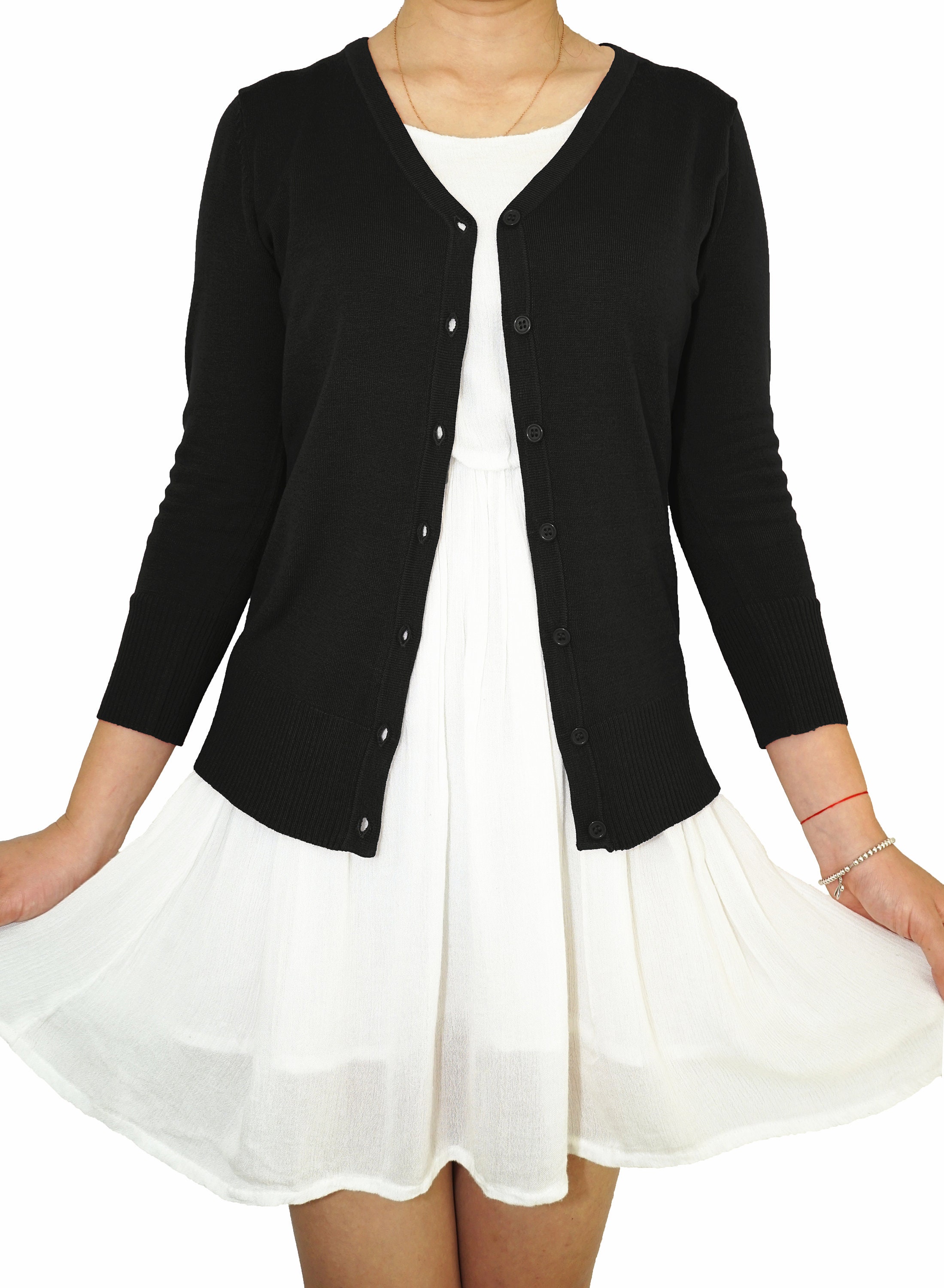3/4 Sleeve Women Cardigan Sweater V-Neck Button Vintage Fitted Loose Knit & Plus Size