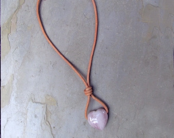 Rose Quartz Heart Pendant: Genuine Leather Necklace with Copper Clasp