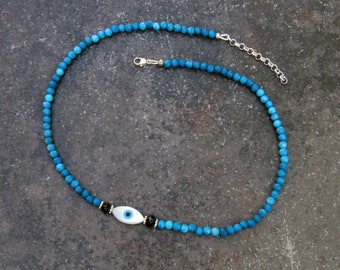 Mother of Pearl Eye of Protection and Blue Agate gemstone Necklace handmade jewelry gifts for her semiprecious crystal