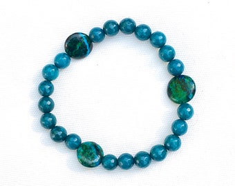 Men's Angelite and Chrysocolla  semiprecious gemstone stretch bracelet