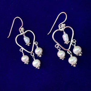 sterling silver 925 pearl chandelier dangle earrings- gemstone, semiprecious, crystal jewelry, handmade semiprecious artisan gifts, hearts