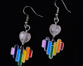 Rose Quartz Rainbow Heart Earrings: Pride Jewelry