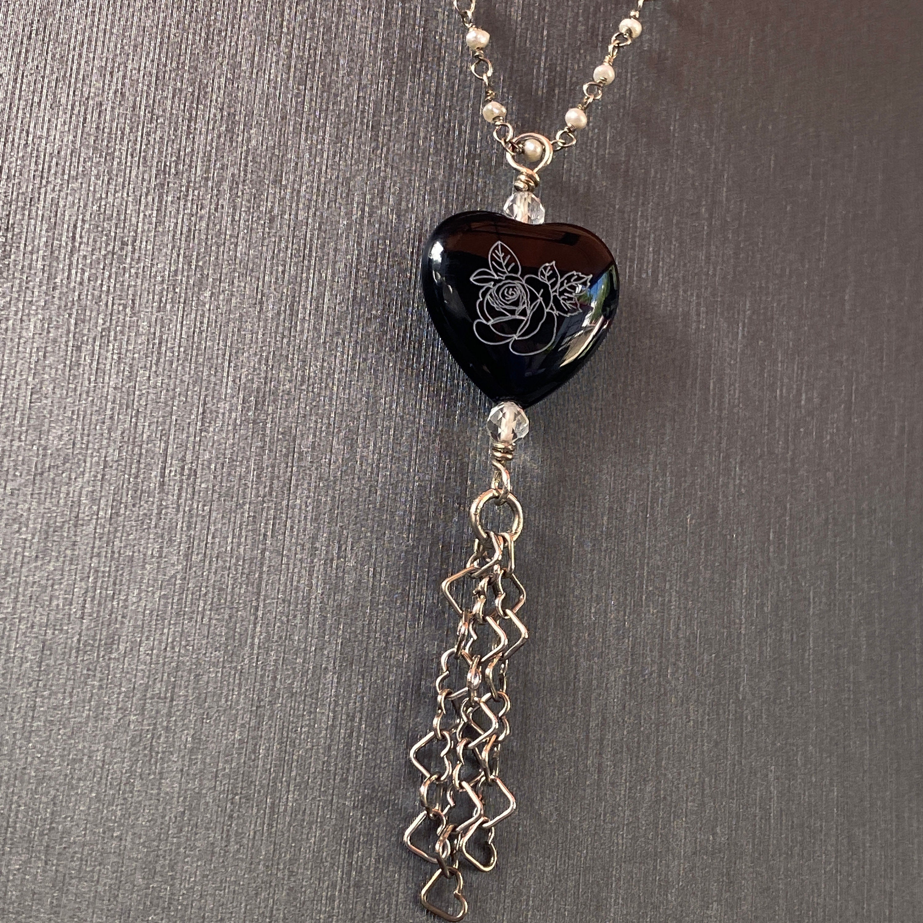 Sterling Silver 925 Pearls, Hand Painted Onyx, White Topaz