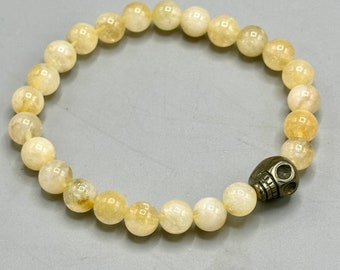 Citrine & Pyrite Skull Bracelet: Gemstone Beaded Stretch Jewelry