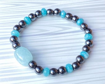 Aquamarin und Hämatit Halbedelstein, Edelstein, Kristall Stretch Armband