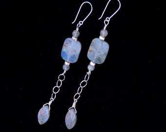 Labradorite Gemstone and Sterling Silver Long Drop earrings