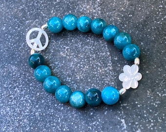 Chunky Apatite, Mother of Pearl, & Sterling Silver Peace Sign Bracelet