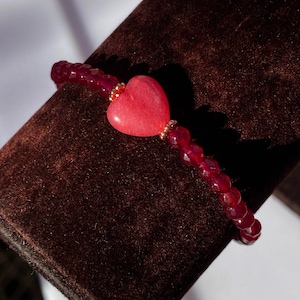 Natural Red Jade, natural Rhodochrosite heart, genuine copper stretch beaded bracelet gemstone semiprecious Handmade jewelry