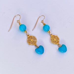 Sleeping Beauty and gold dangle drop earrings, jewelry, turquoise, semiprecious, gemstone, crystal, December birthstone