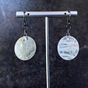 Quartz Gemstone Circle Disk ear wire earrings handmade jewelry crystal moon semiprecious artisan handcrafted gifts crystal 925 14 kt gf