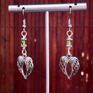 Peridot Gemstone Wing Earrings: Silver Plated Dangle Jewelry