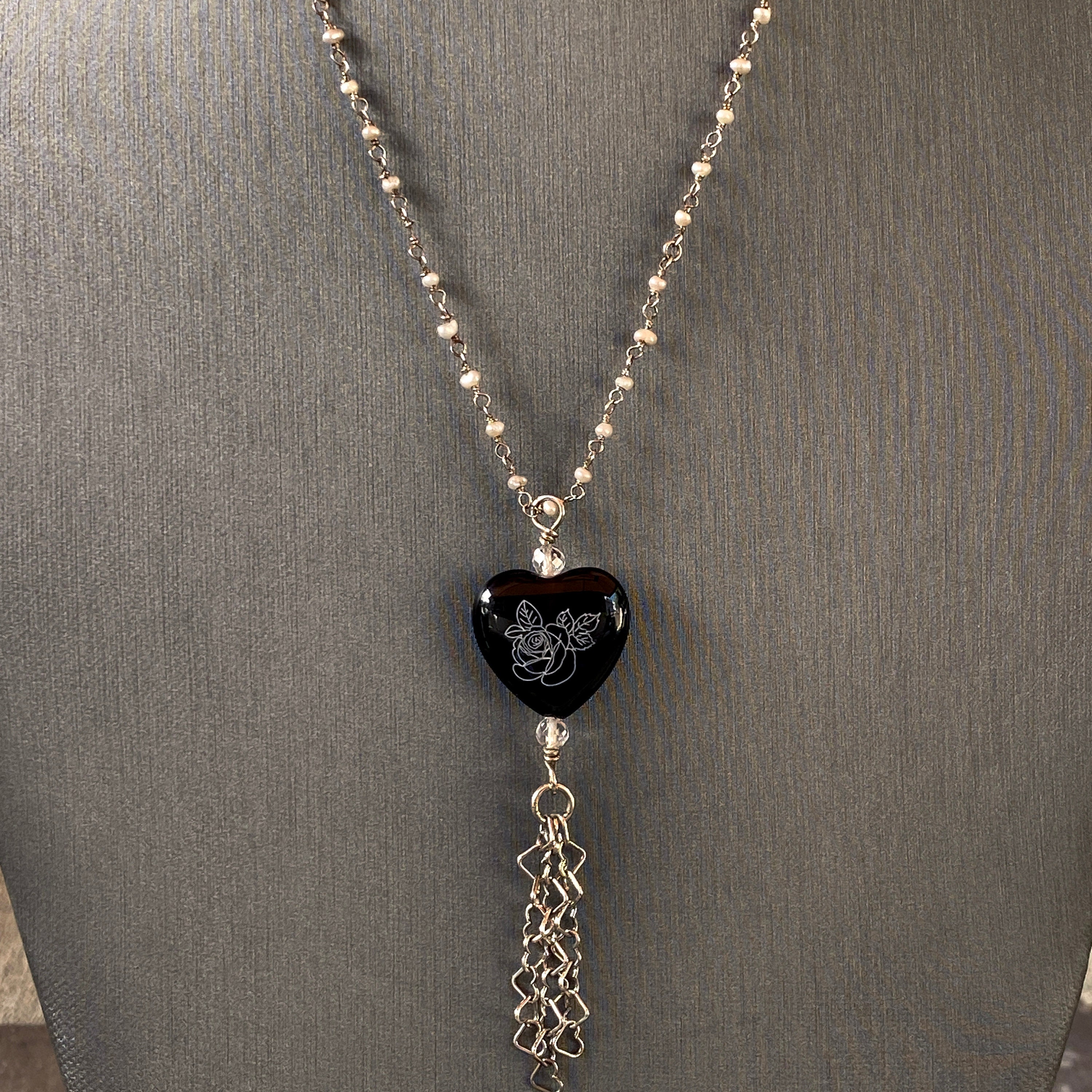 Sterling Silver 925 Pearls, Hand Painted Onyx, White Topaz