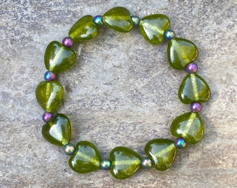 Jade Hearts and Hematite Gemstone stretch Bracelets, choice of color