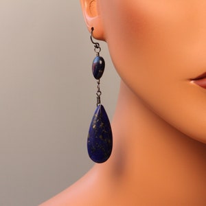 Natural genuine gemstone semiprecious Lapis Lazuli heart teardrop  long dangle earrings crystals sterling silver