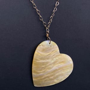 Large Mother of Pearl Heart Pendant Necklace: 14kt Gold Filled Chain