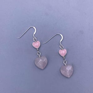 rose Quartz heart earrings, dangle sterling silver drip earrings, gemstone, crystal, semiprecious, handmade jewelry