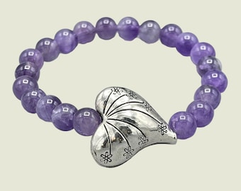 Amethyst Beaded Stretch Bracelet with Silver Heart Charm