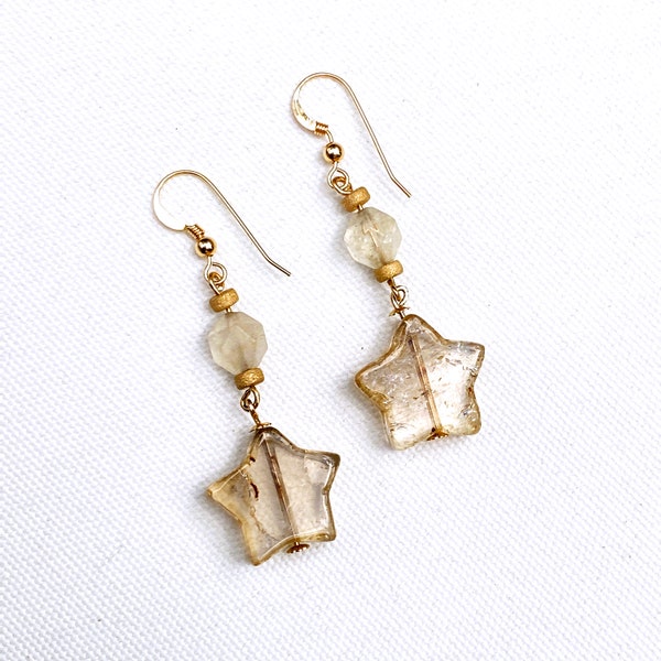 Lemon Quartz Stars & Citrine Gemstone with 14 kt gold filled Drop Earrings