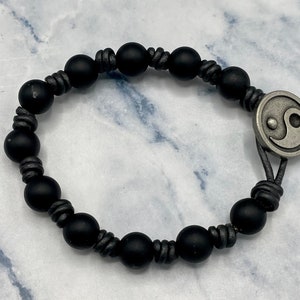 Leather and Black Onyx Gemstone Men’s Bracelet with pewter Yin Yang button closure- gemstone- crystal- semiprecious