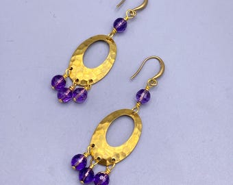 Amethyst and Brass Chandelier Dangle Earrings, crystal, gemstone, semiprecious, handmade jewelry