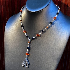 Spider  web necklace  with Swarovski crystals for Halloween handmade jewelry gift ideas festive  beaded artisan handcrafted