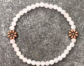 Rose Quartz Beaded Bracelet with Copper Flower Accents