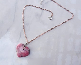 Rhodonite Heart Necklace: Hand Wrapped Sterling Silver, Rose Gold Vermeil Chain