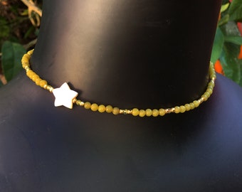 Women's Olive Jade Mother of Pearl and peridot Star Choker Necklace- crystal, gemstone, semiprecious, handmade jewelry, gifts for her
