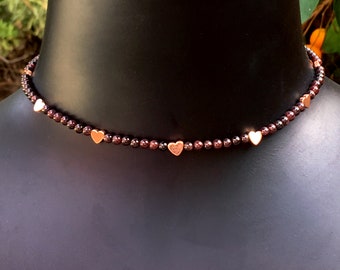 Hematite Hearts Choker necklace made with various gemstones