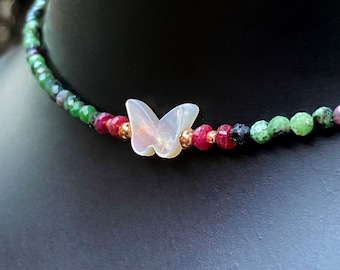 Women's mother of pearl Butterfly Ruby and Zoisite Gemstone choker necklace with 14 kt rose gold Fill, handmade beaded jewelry, gift ideas