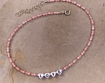 Opal, Pink Topaz and Rose Quartz "LOVE" Pink Sapphire Precious Stone Choker necklace