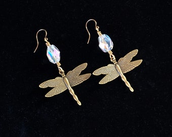Brass Dragonfly and Quartz gemstone Dangle Earrings