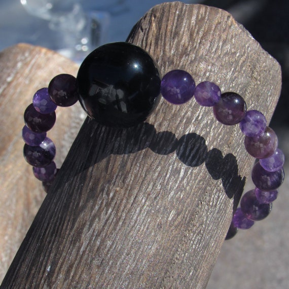 Healing Natural Gemstone Bracelet Rainbow Black Obsidian & Amethyst -  GEM+SILVER