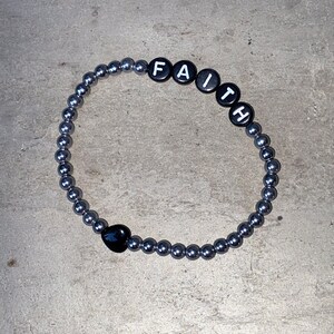 Hematite Gemstone “FAITH” Bracelets handmade jewelry crystal handcrafted artisan gift ideas beaded elastic semiprecious