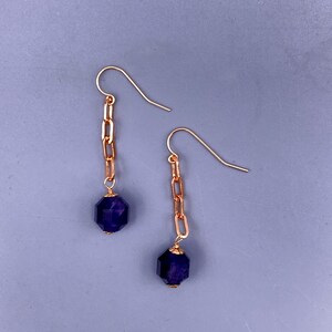 double prism point dangle amethyst earrings with rose gold, handmade jewelry, gemstone, crystal, semiprecious purple stone
