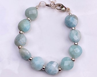 Aquamarine Heart Bracelet: Sterling Silver Lobster Clasp, March Birthstone