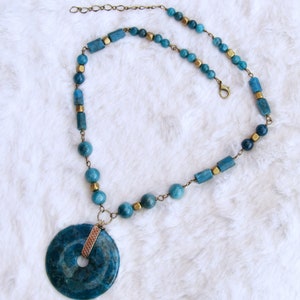 blue apatite gemstone donut pendant with beaded apatite semiprecious, crystal, handmade jewelry and brass, gift ideas