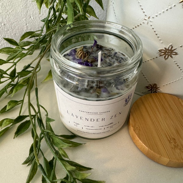 Lavender Hand Poured Soy Wax Candle, Real Lavender Leaves, Aromatherapy, Spa Gift, Gift for Her, Mother, Birthday, Essential Oil Candle gift