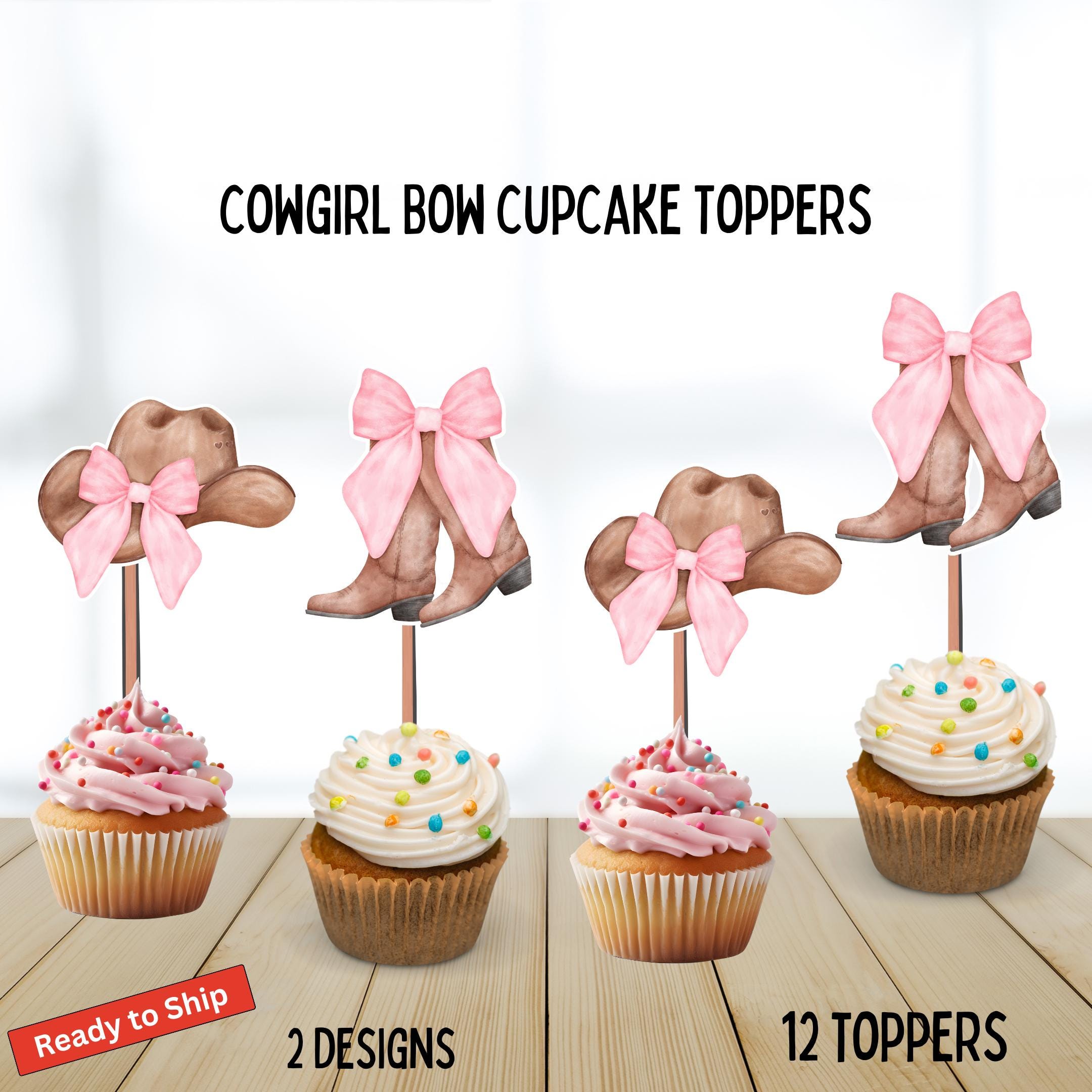 Cowgirl Boots and Hat Cupcake Toppers, Pink Bow Cowgirl, Theme Birthday, Baby Shower, Bachelorette Party Decor, First Rodeo Pink Boots, Bow