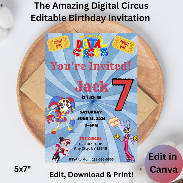 The Amazing Digital Circus Editable Printable Birthday Invitation Kids Invitation, Editable in canva Pomni Jax Invitation Digital Invitation